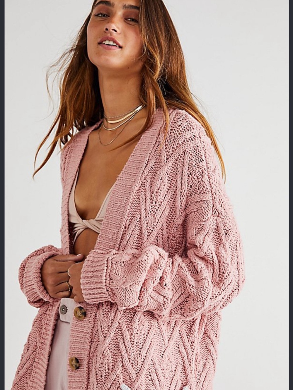Free People Montana Cable Knit Cardigan Cotton Winter Coral Pink XS
